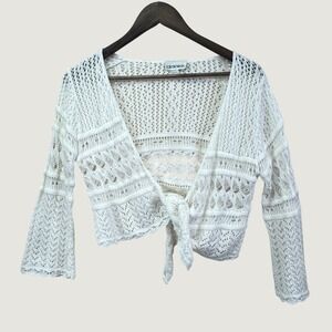 CB Design Crochet Tie Front Top Cardigan Womens M White Bell Sleeve Shrug Y2K 90